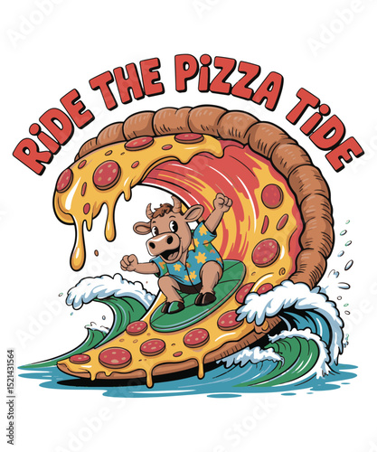 Surfing Pizza Cow – Surreal Beach Tee Graphic Design