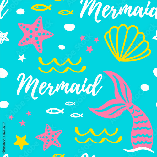 Cute mermaids seamless pattern on turquoise background. Vector sea background. Design for fabric, textile, decor
