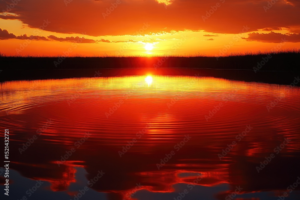Obraz premium Vibrant sunset reflection on a tranquil pond.
