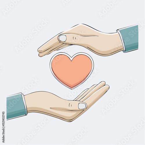 Vector simple linear illustration, hand poster, logo, print design template, hand drawn hands holding hear,t gesture in minimal modern art style