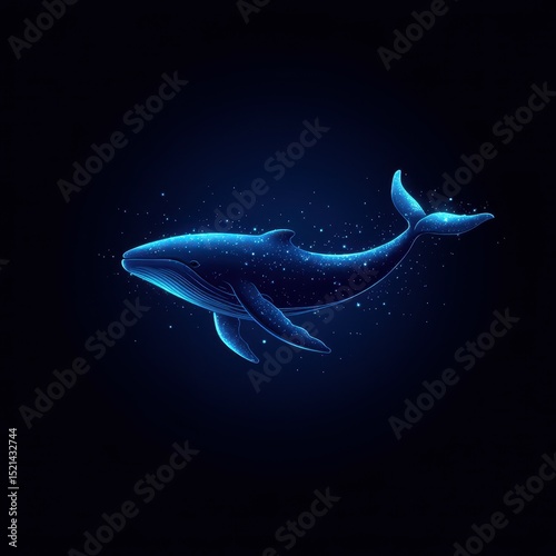 Whale swimming through a cosmic ocean with glowing particles in a deep blue environment