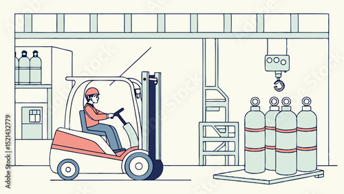 A person operating a forklift in a warehouse setting with gas cylinders and overhead crane system visible
