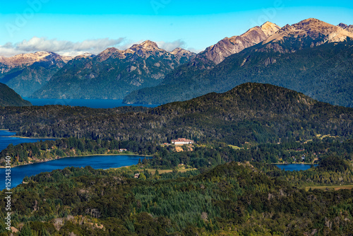 Breathtaking view from Cerro Campanario showcasing Moreno Lake and Nahuel Huapi Lake with the Andean mountain range in the back at San Carlos de Bariloche in the Argentinian Patagonia.