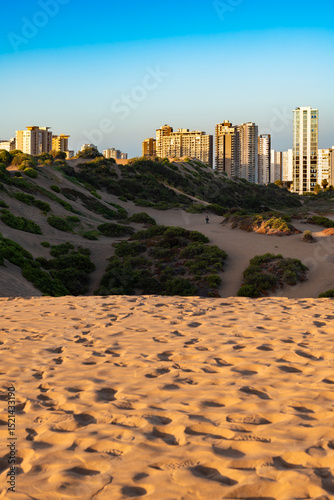 View of buildings in Concon from the sand dunes in the Valparaiso Region of Chile