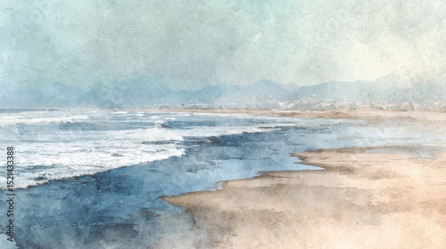 Peaceful Watercolor Painting of Serene Beach Shore with Soft Waves and Blue Horizon