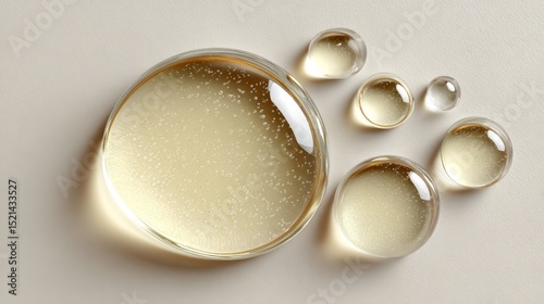 Transparent cream oil drops floating mid-air against white background in close-up high-angle view with soft lighting, clean beige tones and delicate texture for skincare and cosmetic concepts