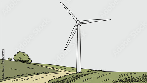 Illustration of a wind turbine standing in a field with a path and trees in the background view scene