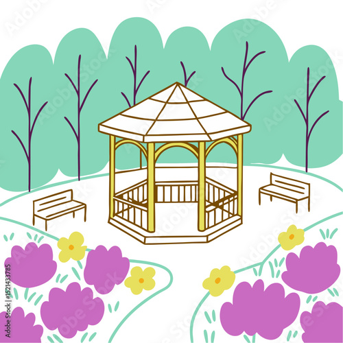 Garden gazebo surrounded by flowers and trees in a peaceful park  