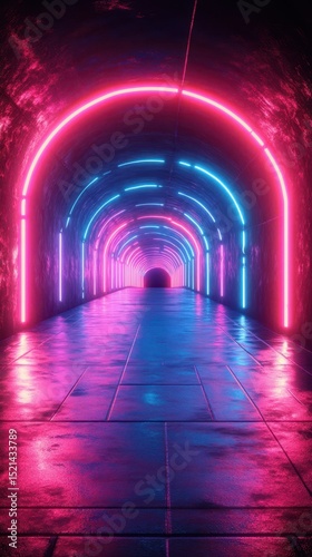 Bright neon lights illuminate a reflective tunnel in vibrant colors creating an immersive atmosphere