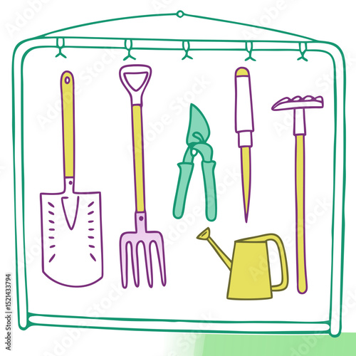 Garden tools displayed in a colorful hanging organizer  