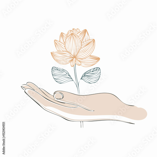 Vector simple linear illustration, hand poster, logo, print design template, hand drawn hand holding flower, gesture in minimal modern art style