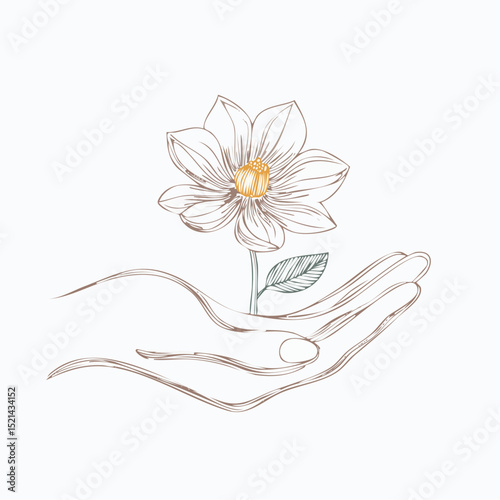 Vector simple linear illustration, hand poster, logo, print design template, hand drawn hand holding flower, gesture in minimal modern art style