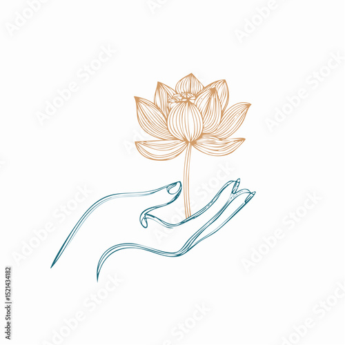 Vector simple linear illustration, hand poster, logo, print design template, hand drawn hand holding flower, gesture in minimal modern art style