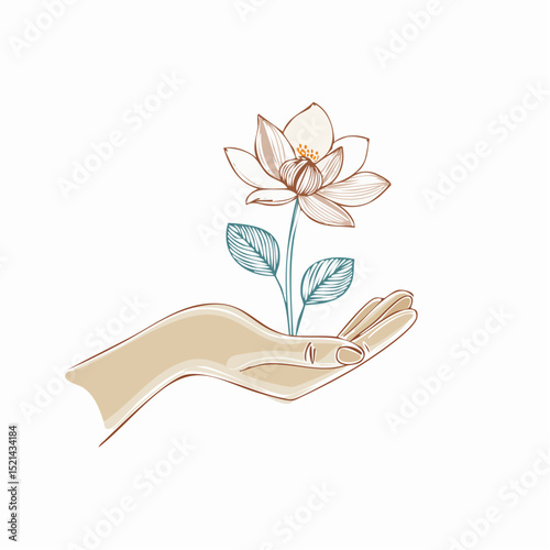 Vector simple linear illustration, hand poster, logo, print design template, hand drawn hand holding flower, gesture in minimal modern art style