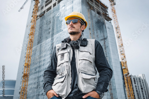 Portrait of a confident builder in a helmet and vest against the background of a crane and a high-rise building