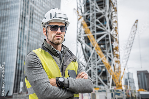 Portrait of a confident builder in a helmet and vest against the background of a crane and a high-rise building