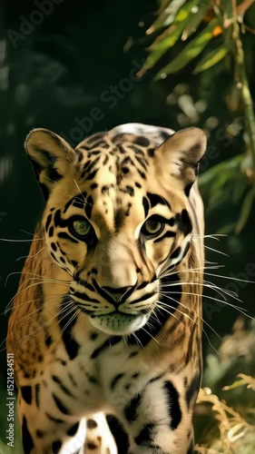 Close-up of a jaguar walking forward in a lush, tropical environment filled with green foliage and dappled sunlight