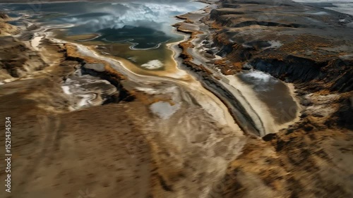 Aerial panorama showcases a vast, desolate landscape, where shallow water bodies reflect the sky, creating a surreal, otherworldly scenery of rugged earth.