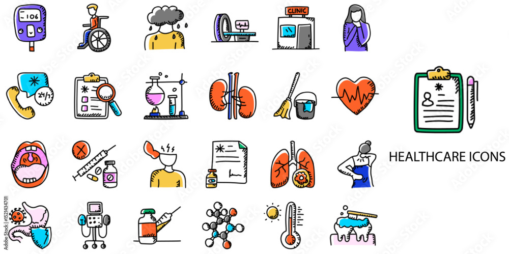 Fototapeta premium Healthcare simple concept 24 hand drawn color icons set .Vector illustration.