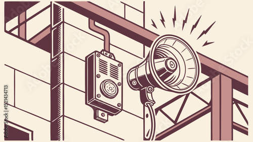Illustration of a megaphone and electrical box mounted on a wall with a metal beam structure above
