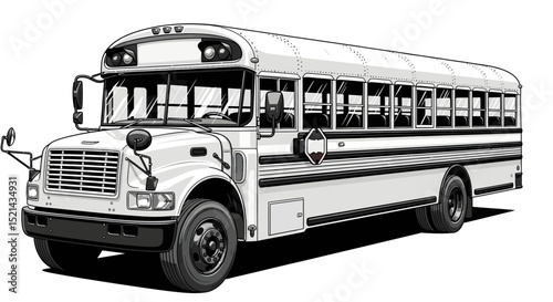 Detailed Vector Illustration of a Classic White School Bus with Black Accents.
