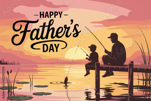Father and son fishing at sunset, celebrating Father's Day on a scenic lake pier.
