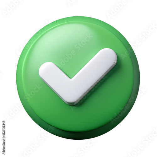 3D Green Check Mark Button Icon – Verified Approval Symbol, Confirmation Tick, Success Badge, OK Sign for UI UX Design, App Interface, Web Button, Validation, Accepted Status Symbol

