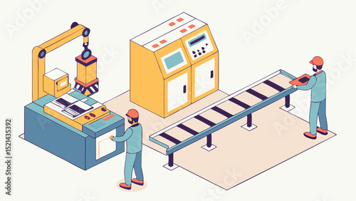 Isometric view of automated factory setup with workers, conveyor belt, and robotic arm processing items