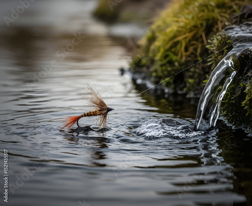 A Fishing Fly Floating on Rippling Water Near a Small Waterfall