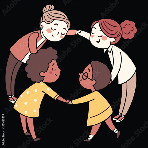 Friendship Circle: Illustration of four young children, united in a circle, hands joined in a display of unwavering friendship. The image captures the essence of togetherness and joy. 