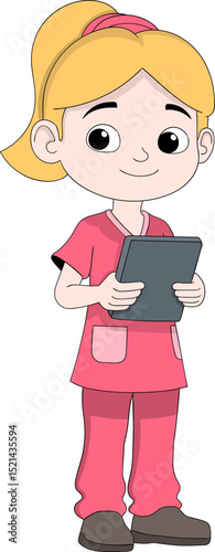 Cartoon Nurse Character Holding Tablet