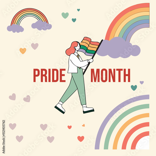 Pride Month Illustration: a vibrant and colorful illustration with a person with pride flag under rainbows and hearts, celebrating equality, love, and unity during Pride Month. 