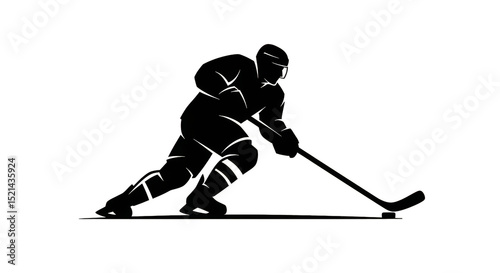 A stylized white outline showcases a hockey player skating with a stick, set on a black background.