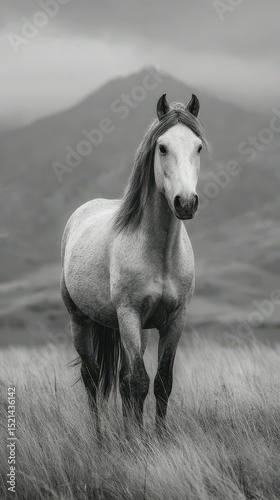 Majestic horse standing in a lush field with mountains in the background during a cloudy day