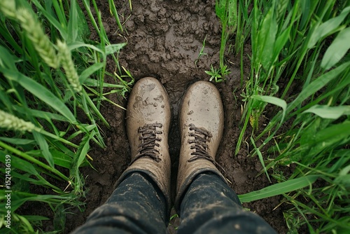 A farmer's perspective, looking down at the ground, with green wheat fields on either side and mud boots