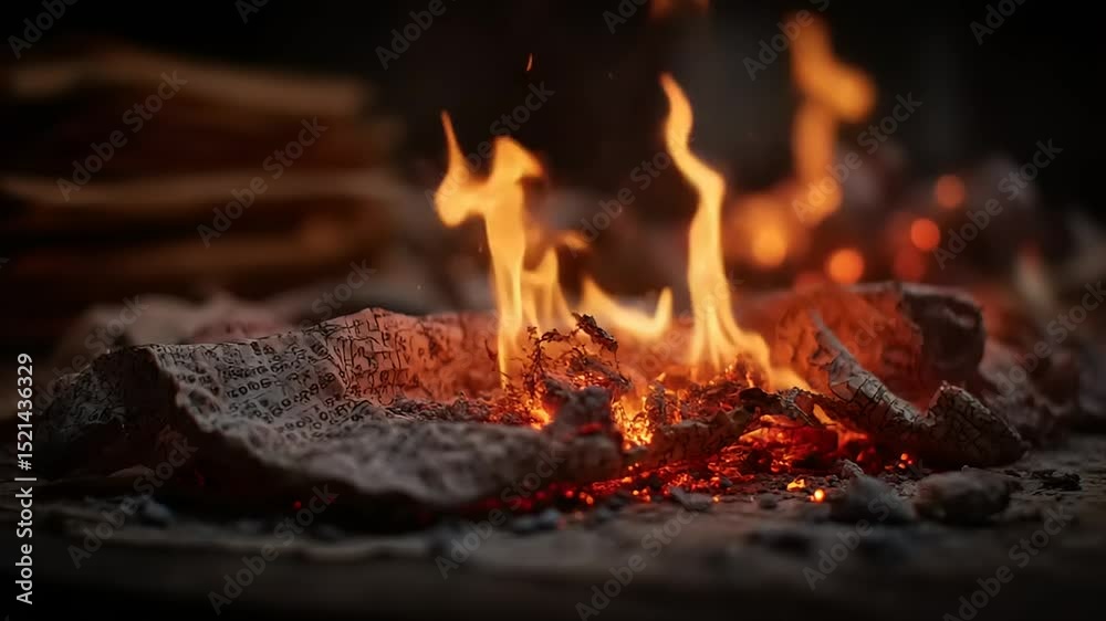 Glowing embers and charred wood in a rustic outdoor setting at night