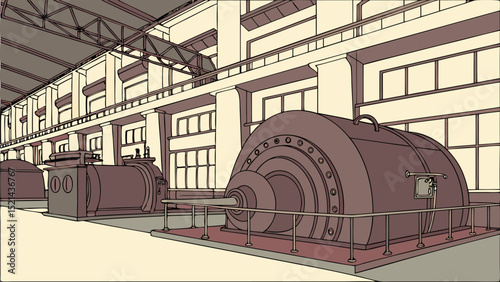 Illustration of industrial machinery inside a large building with multiple windows and overhead structures