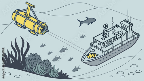 Illustration of a yellow remotely operated vehicle connected to a boat underwater with fish around