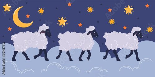 Three cute sheeps on the clouds with night starry sky.