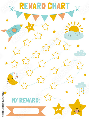 A table for tracking a child's progress in achieving a goal with cute children's elements, a rocket and stars