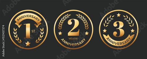 Anniversary golden badges template design. Laurel wreath logo celebration 1st, 2nd, 3rd.