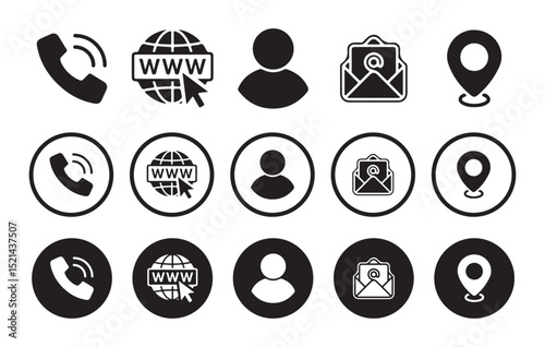 Contact Icons Pack – Phone, WWW, Email, User, Location Symbols in Circular and Flat Styles