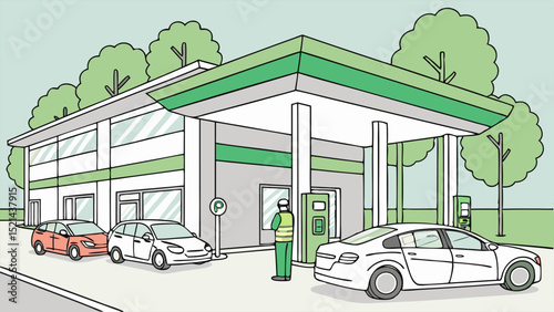 A gas station with three cars parked and a worker assisting a customer at the pump on a sunny day scene