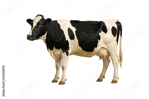 Holstein dairy cow standing on transparent background. A high-quality livestock image perfect for agricultural, farming, dairy production, milk industry, packaging, and advertisements, clipping path