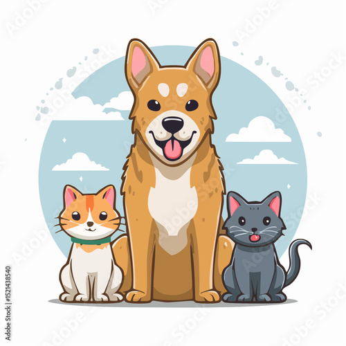 Funny pets, dogs and cats, vector illustration in trendy flat simple linear style, funny mascot and cartoon character, friendly sticker and badge for advertising, social media