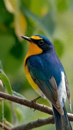 Vibrant orange and blue bird perched on branch in natural setting with bright green foliage backdrop, nature photography