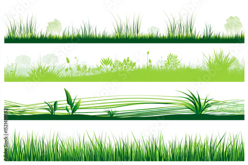 Green grass silhouette. Cartoon lines of plants and shrubs for boarding and framing, eco and organic logo element