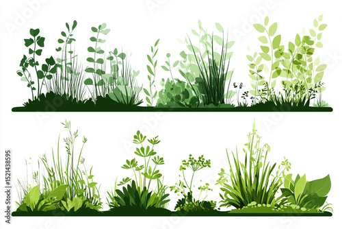 Green grass silhouette. Cartoon lines of plants and shrubs for boarding and framing, eco and organic logo element