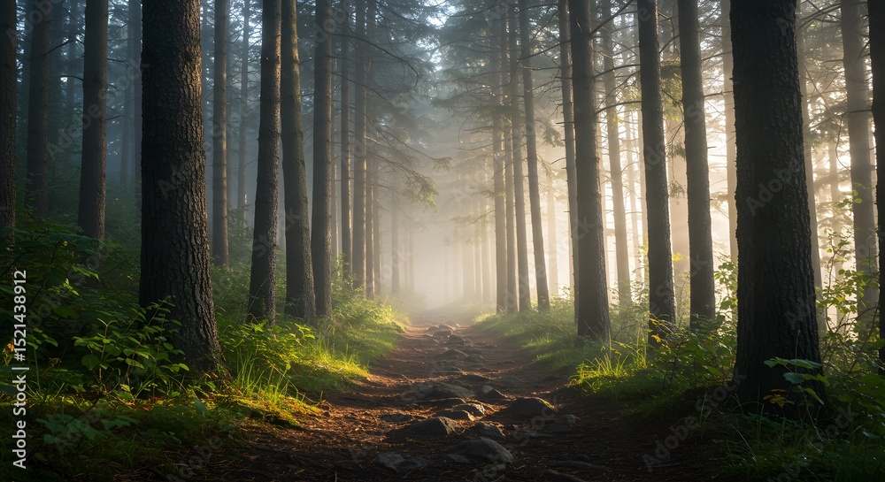 Fototapeta premium Misty Forest Path Sunlit Trail Through Ancient Trees