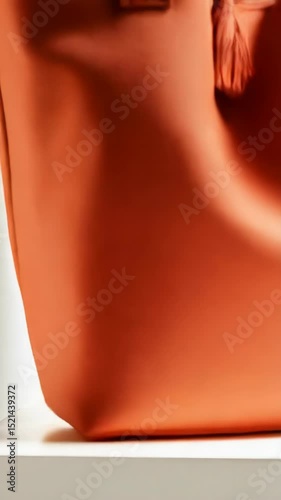 Close-up of a simple, rectangular, peach-colored tote bag with double straps isolated against a bright white background